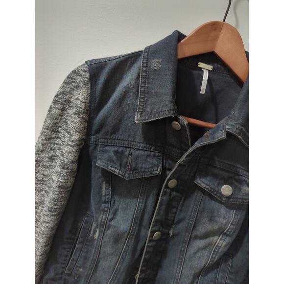 Free People Distressed Mixed Media Denim Jacket - Picture 3 of 5